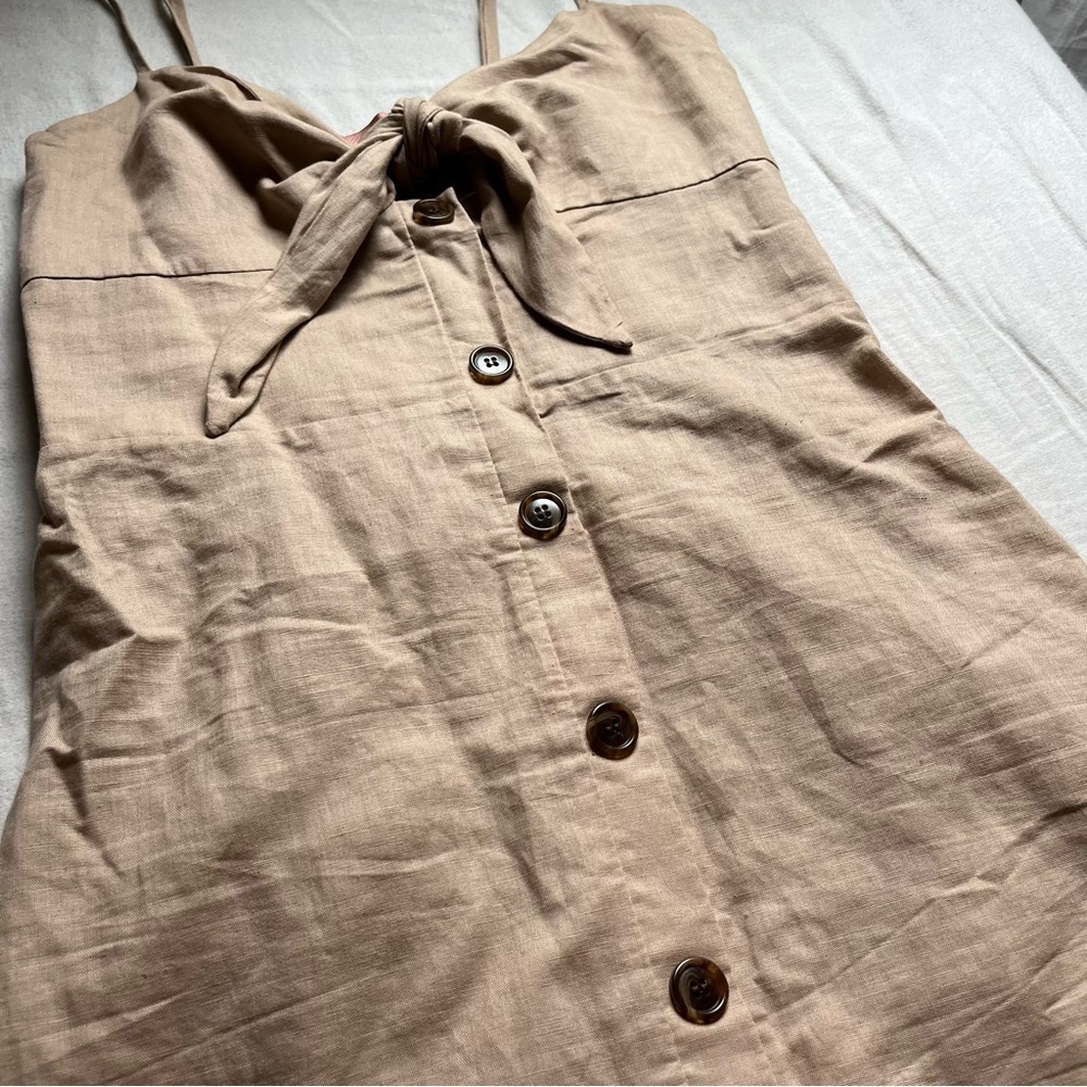Le Rumi tan peach linen cotton blend tie front sleeveless button down mini dress - Picture 2 of 5